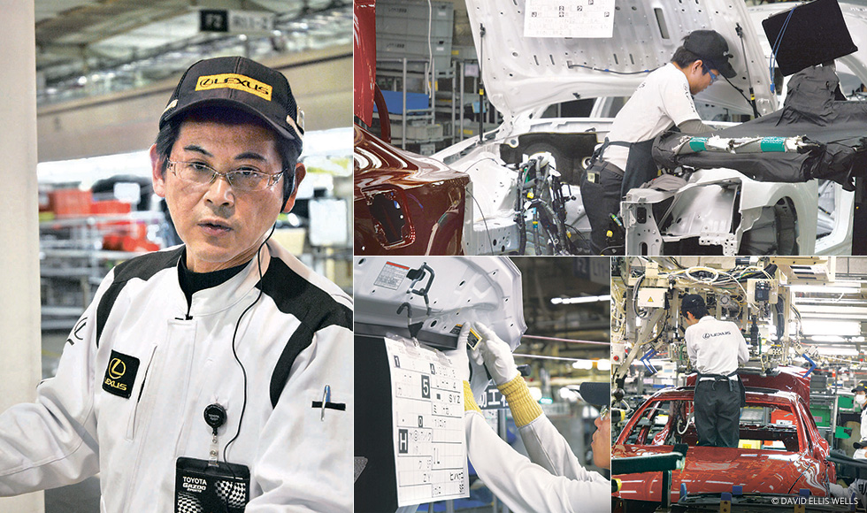 Clockwise from left, Katsuhiro Yamazaki, who oversees the assembly line at the Lexus factory in Tahara, Aichi Prefecture, is one of the factory's 10 master craftsmen and speaks to The Japan Times in January; the dashboard is installed without touching the car in any way; the human touch is needed to perfectly place a sunroof in the proper position; Stickers must be applied in an exacting and precise manner.