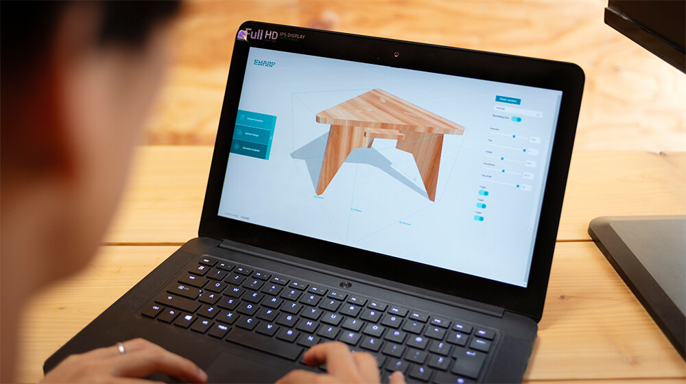 パソコンやタブレット上での直感的な操作でフォルムやサイズを調整し、思いのままの家具をデザインできる