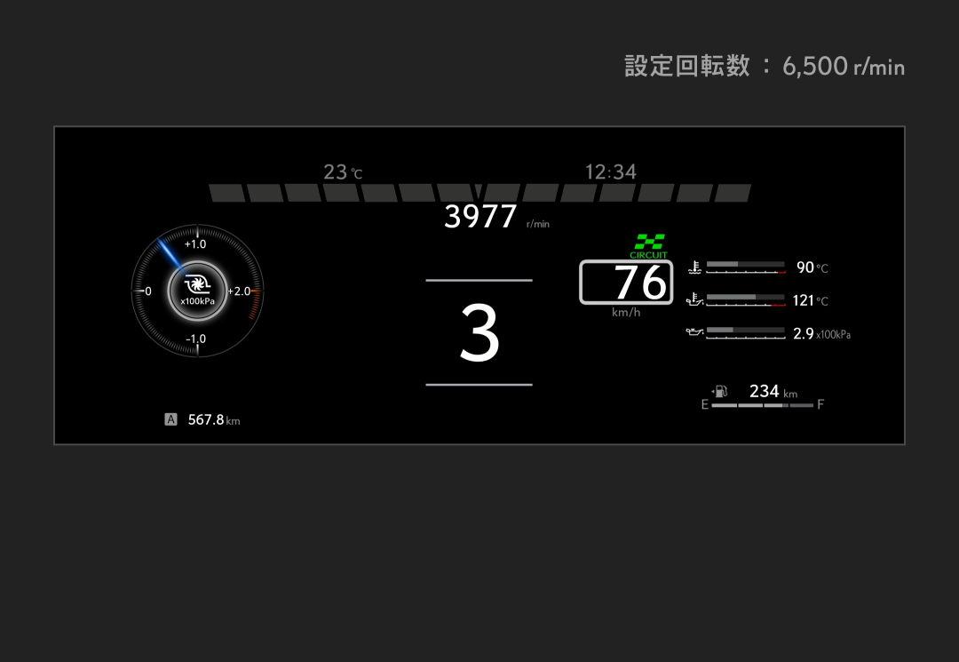 一般的なタコメーター同様に、ギア比に連動してシフトタイミングをお知らせする方式